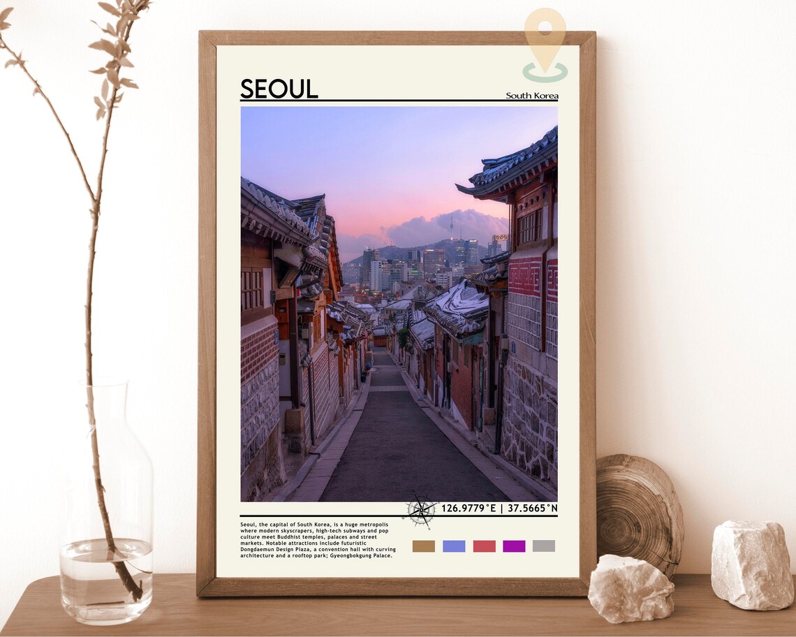 Seoul Bukchon Hanok Village Street Dusk South Korea Travel Poster