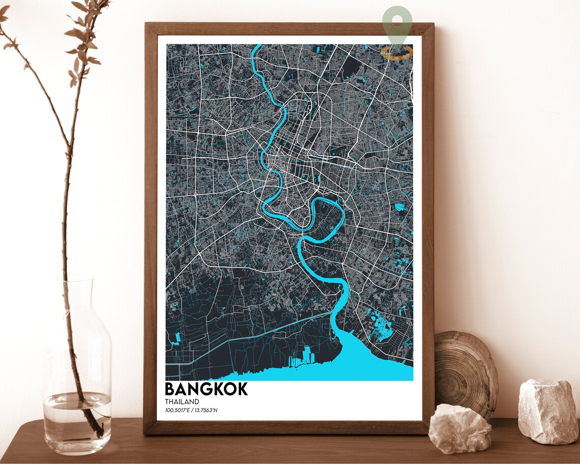 Bangkok Thailand City Map Night Dark Orange River Street Grid Poster - Image 3