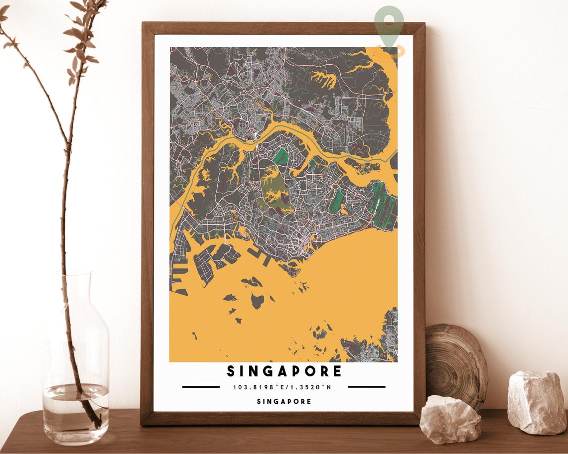 Singapore City Map Art Poster Navy Yellow Modern Travel Decor - Image 2