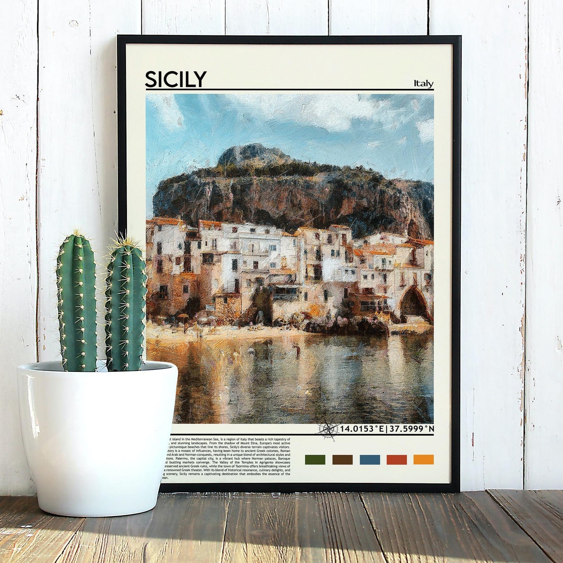 Sicily Italy Charming Seaside Village Rocky Cliff Painterly Poster - Image 2