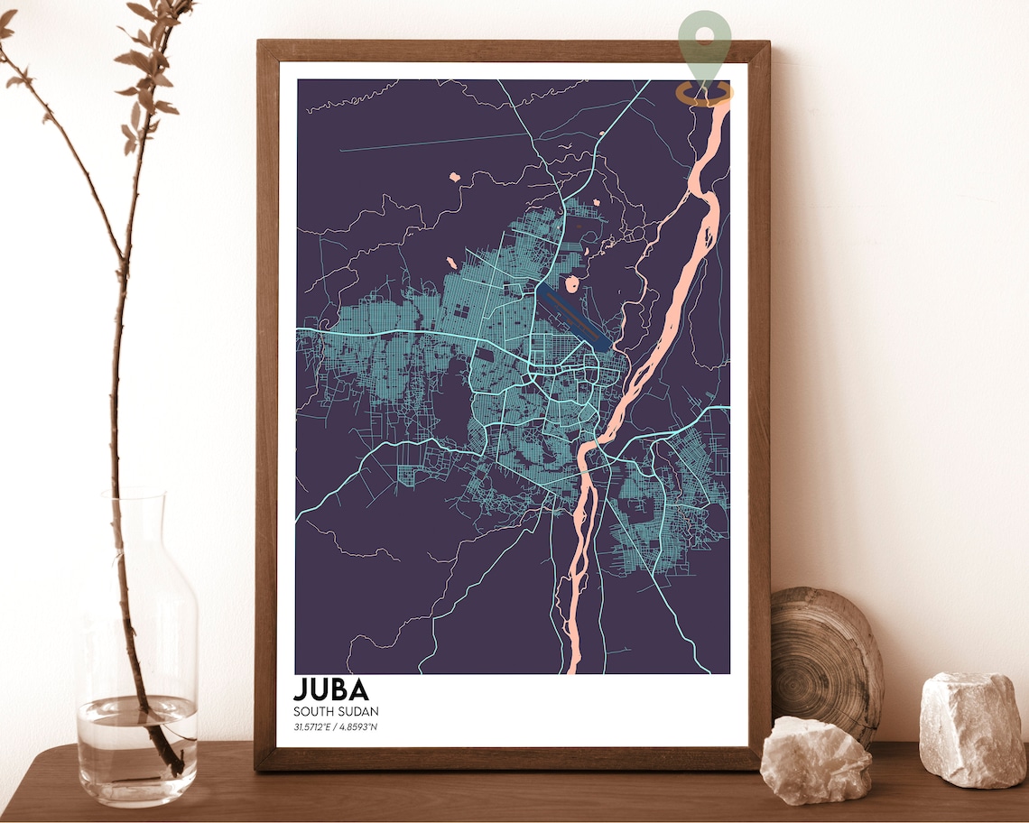 Juba South Sudan City Street Map Minimalist Black Cyan Urban Art Poster - Image 5