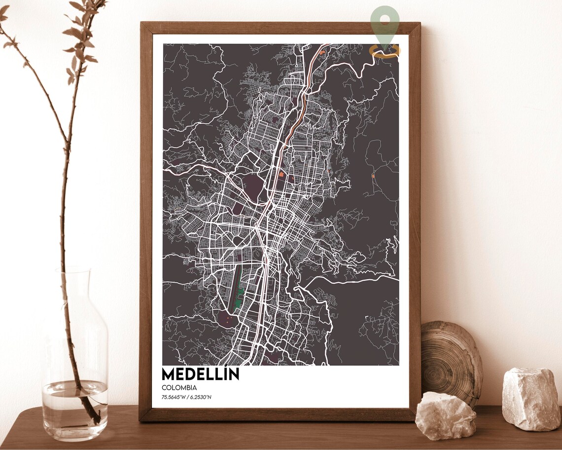 Medellin Colombia Cream Maroon Street Map Valley Modern Art Poster - Image 5
