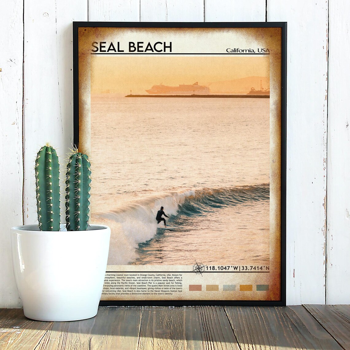 Seal Beach California Surfer Riding Golden Sunset Wave Poster - Image 5