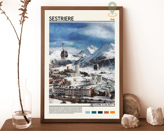 Sestriere Italy Ski Resort Snowy Alps Cable Car Travel Poster