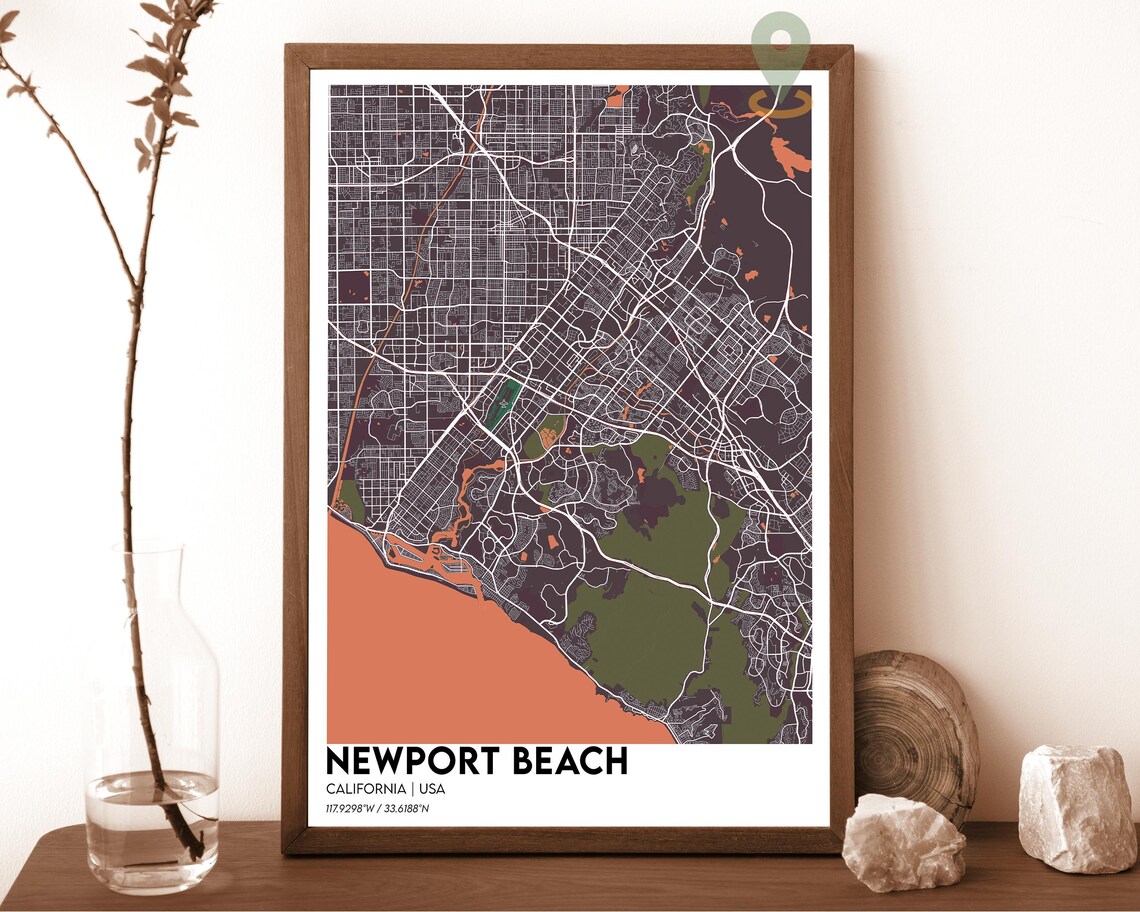 Newport Beach California USA Teal Orange Coastal Map Art Poster - Image 5