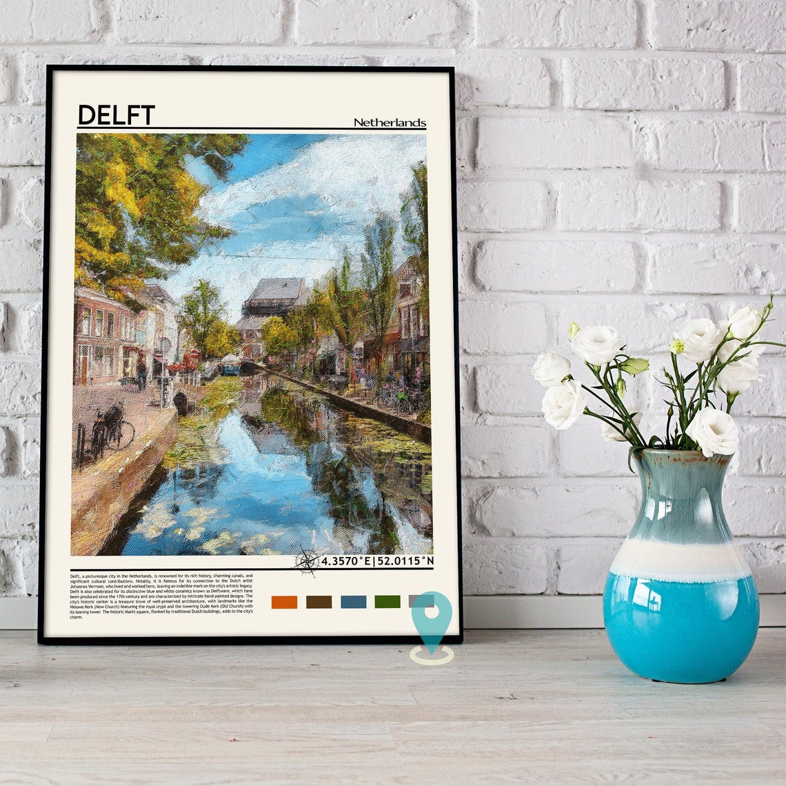 Delft Netherlands Canal Old Town Painted Travel Facts Poster - Image 3