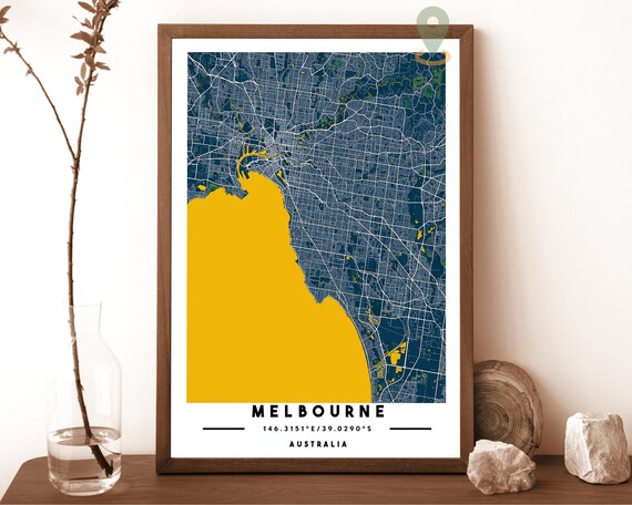 Melbourne Australia Navy Blue Yellow Modern Street Map Poster