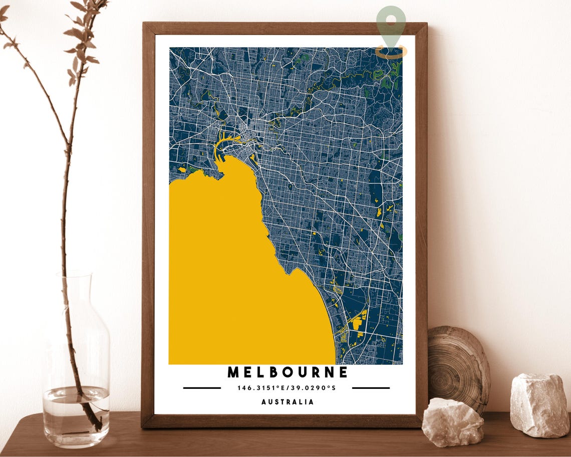 Melbourne Australia Navy Blue Yellow Modern Street Map Poster