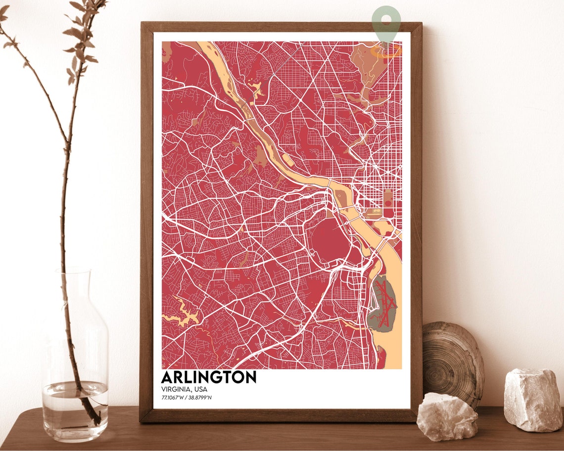 Arlington Virginia Crimson Red Modern City Street Map Art Print
