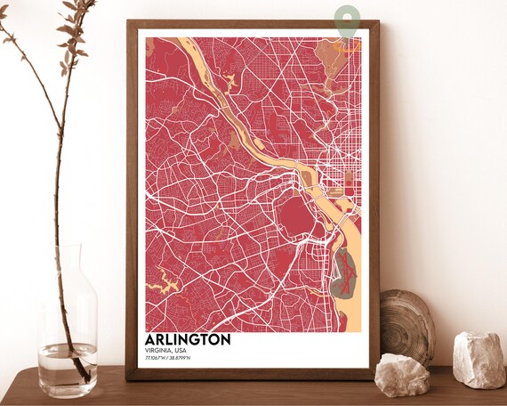 Arlington Virginia Crimson Red Modern City Street Map Art Print