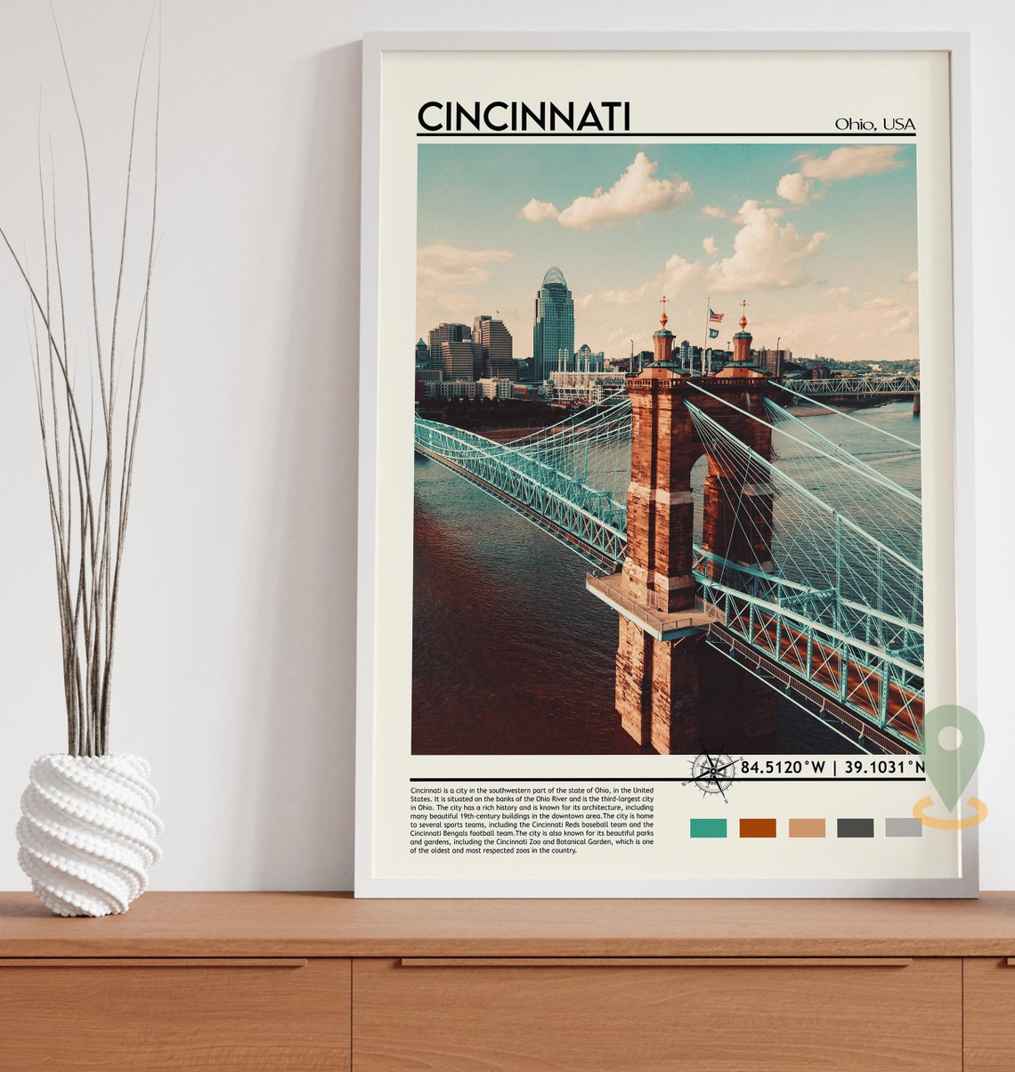 Cincinnati Ohio Roebling Suspension Bridge River Travel Poster - Image 5