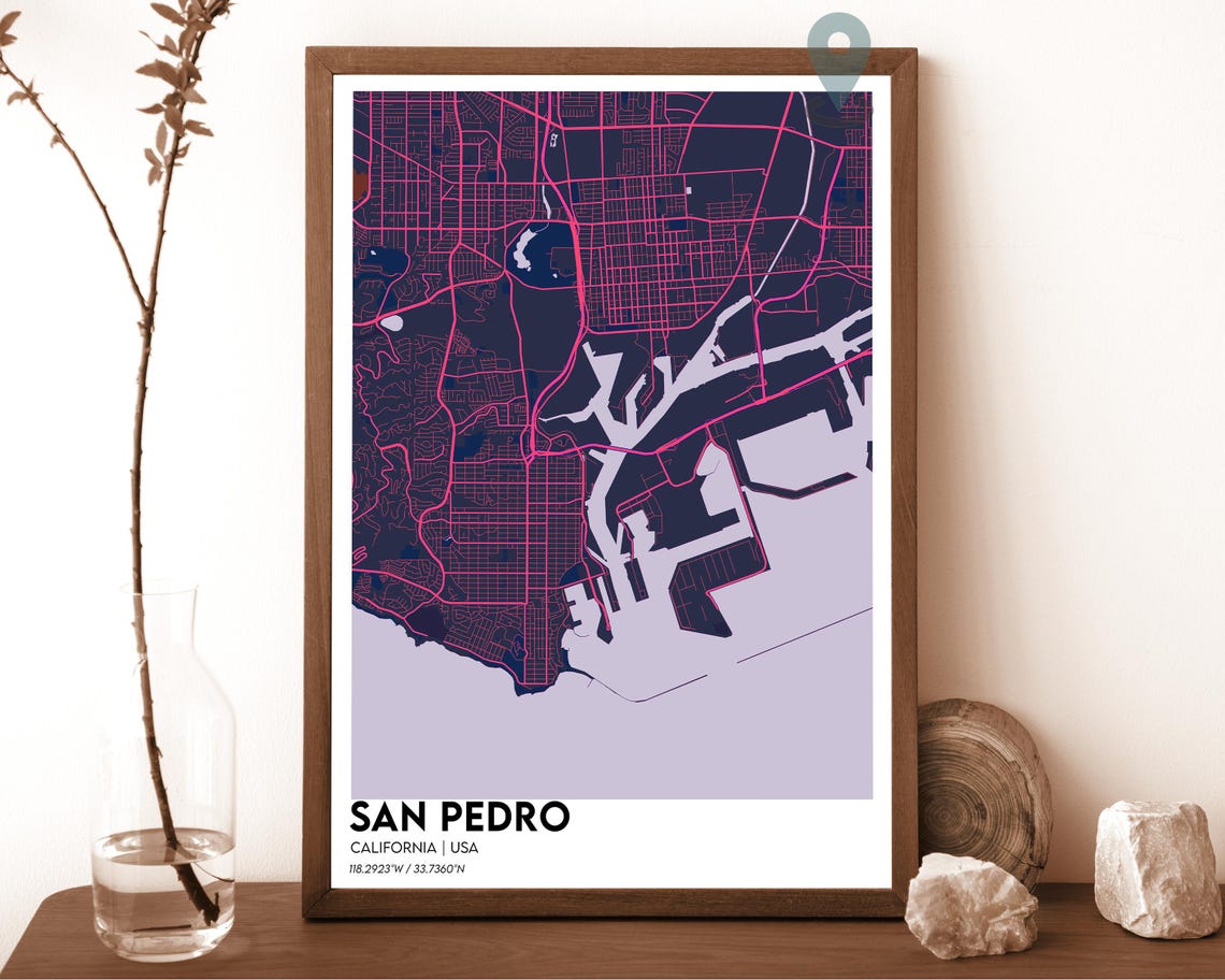 San Pedro California Dark Cyan Harbor City Map Home Decor Poster - Image 2