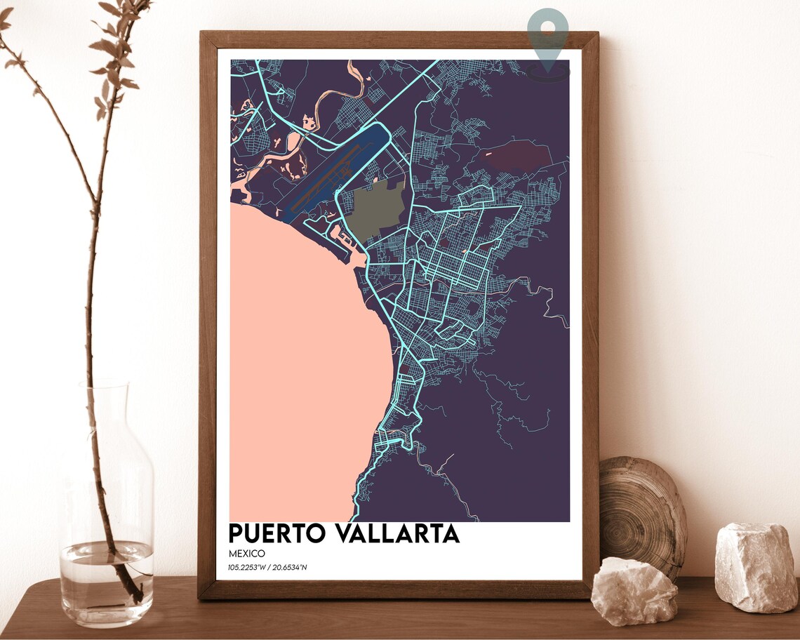 Puerto Vallarta Mexico Dark Cyan Coastal City Map Home Decor Poster Art - Image 3