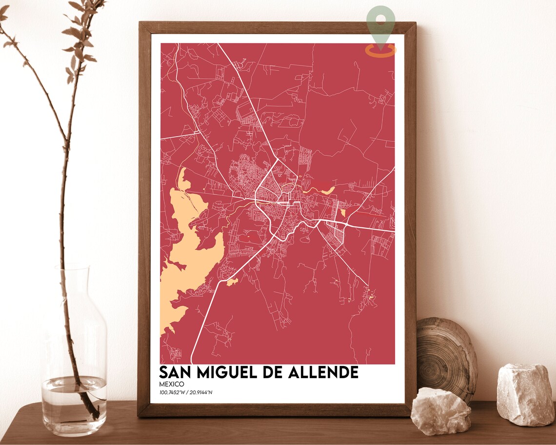 San Miguel de Allende Mexico City Map Poster Navy Gold Design - Image 2