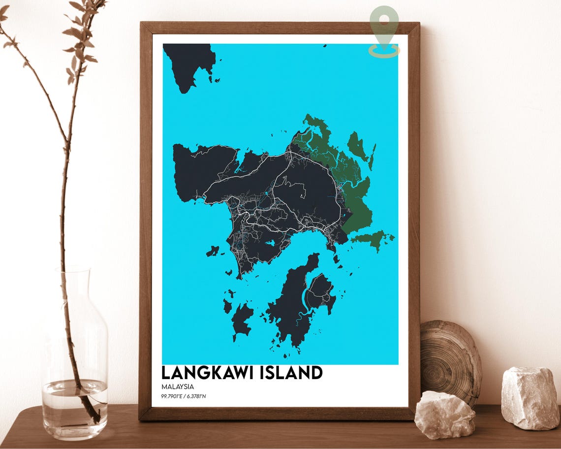 Langkawi Island Malaysia Navy Mustard Bold Island Map Poster - Image 3
