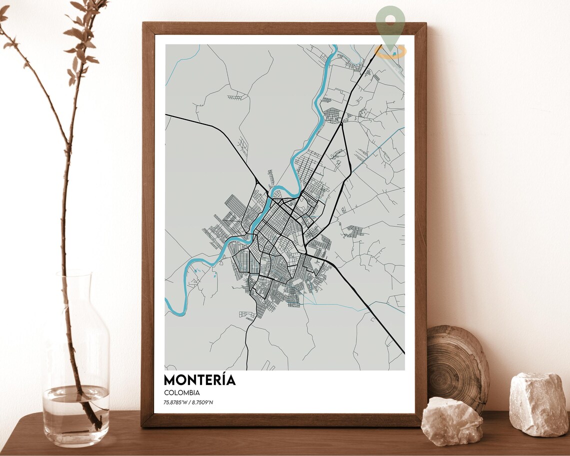 Monteria Colombia dark teal with an orange river Street Map Coordinates Poster - Image 2