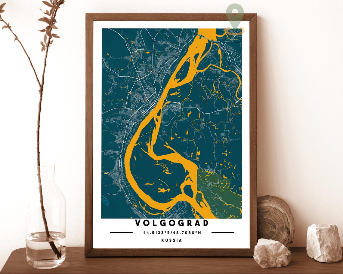 Volgograd Russia Navy Gold River Bend Street Map Bold Wall Art - Image 5