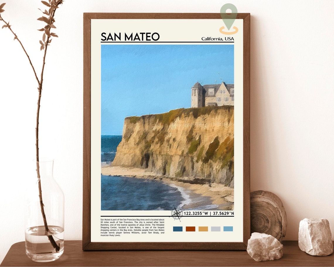 San Mateo California Coastal Cliff Beach House Painting Poster