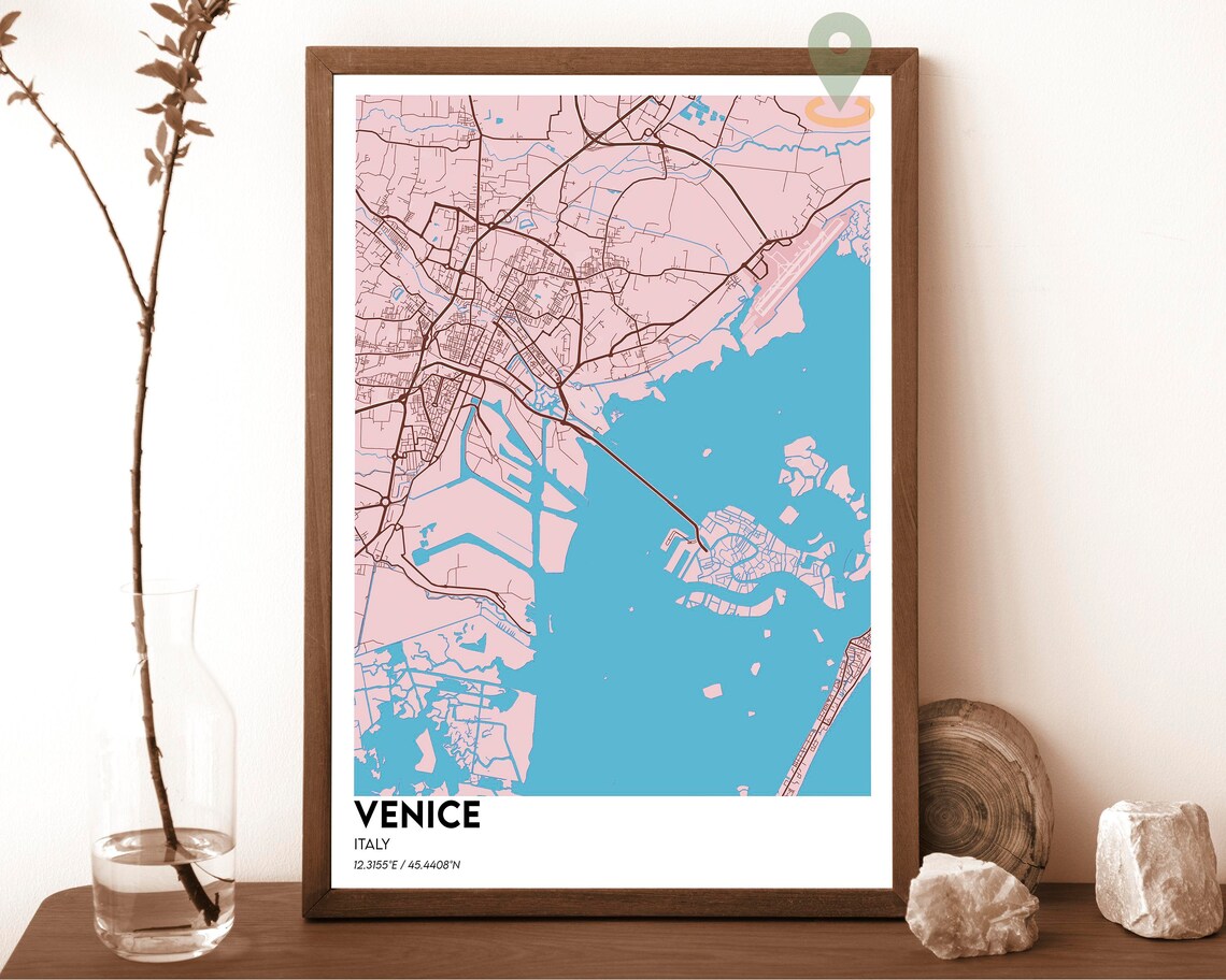 Venice Italy City Map Poster Pink Cyan Modern Lagoon Art Style