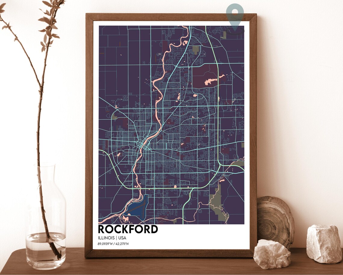 Rockford Illinois Dark Charcoal Street Grid Map Home Decor Poster - Image 3
