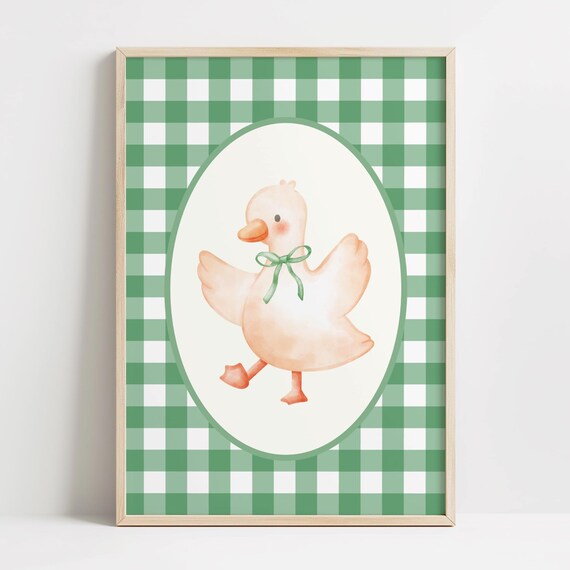 Cute Watercolor Goose Oval Frame Sage Green Gingham Farmhouse Nursery Poster