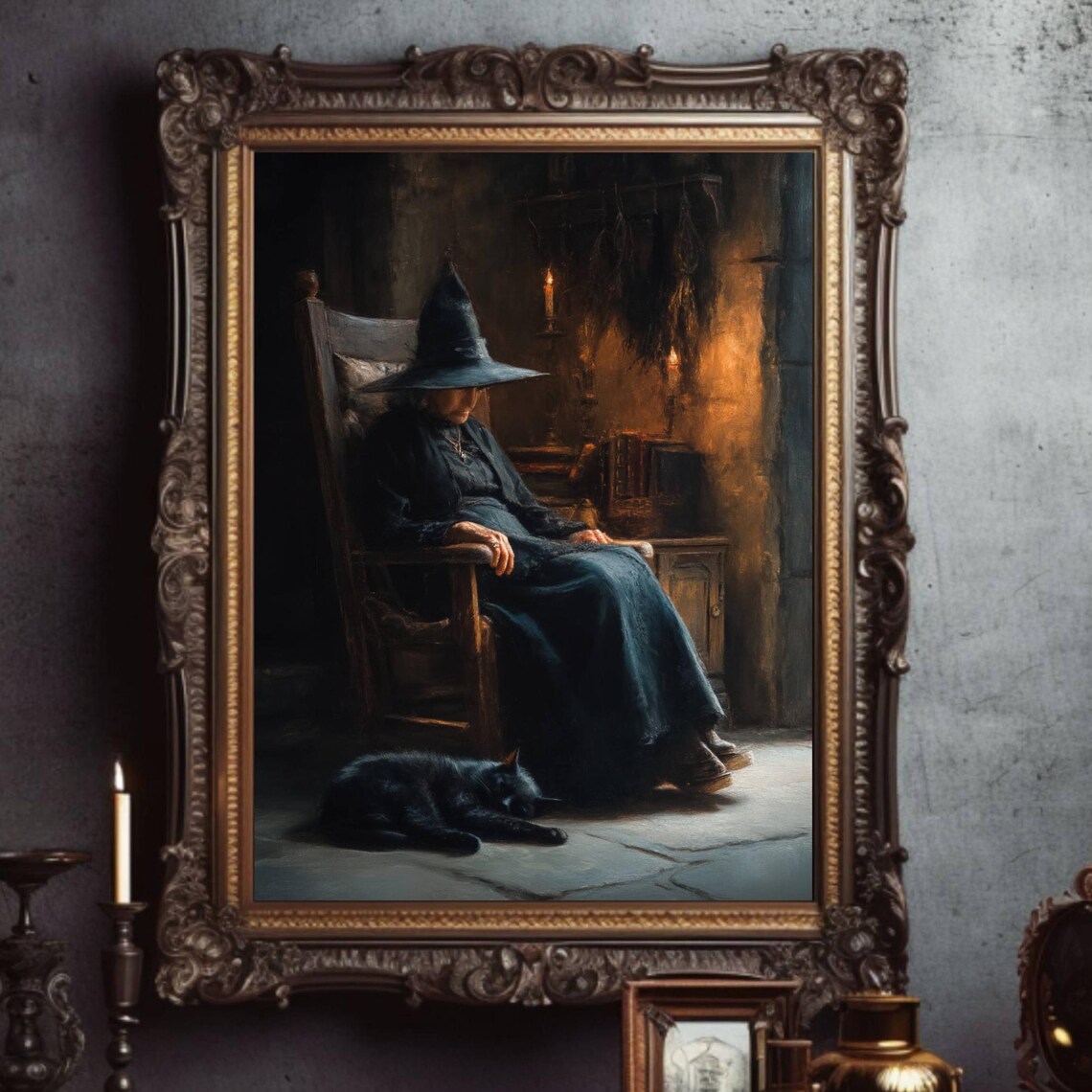 Old Witch and Black Cat Halloween Art Print