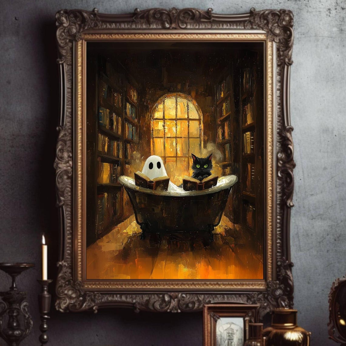 And Black Cat In Library Bath Poster Spooky Cute Bathroom Decor Book Lover Gift Bookish Wall Art Whimsigoth Unframed