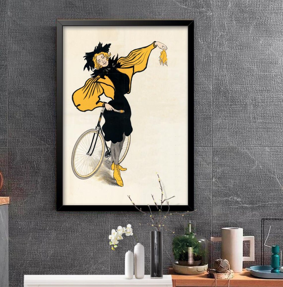 Vintage Woman Cyclist Black Yellow Dress Bicycle Retro Art Poster - Image 2