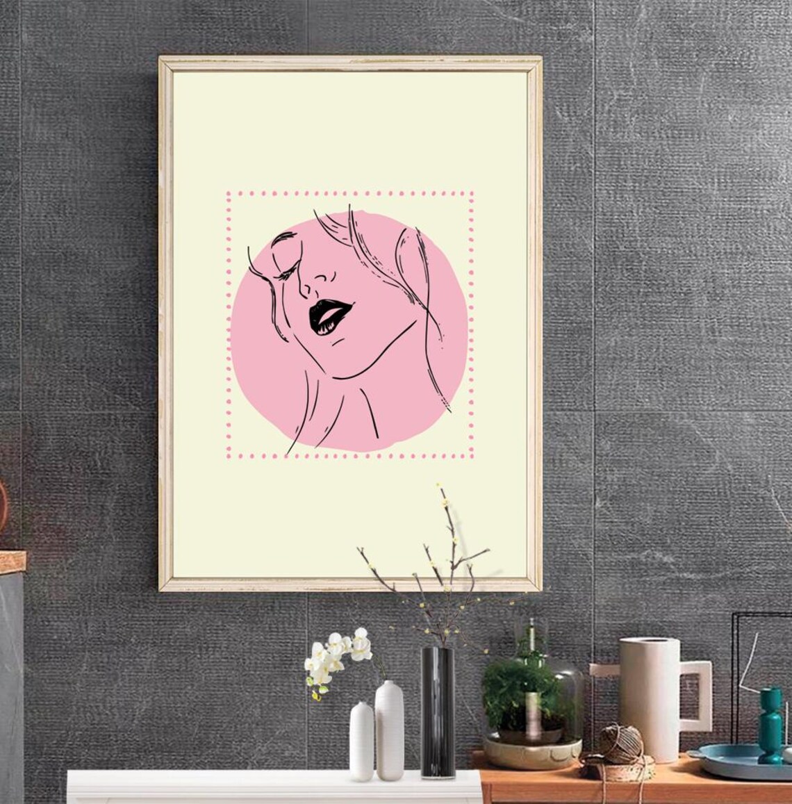 Joyful Pink Boho Woman Line Art Face Laughing Blush Wall Print - Image 2