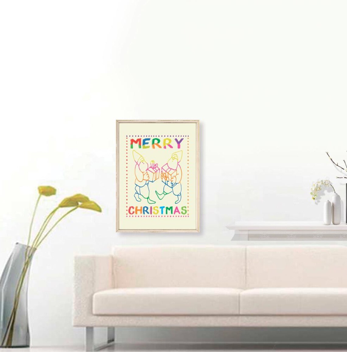 Merry Christmas Rainbow Elves Carrying Gifts Playful Holiday Print - Image 3