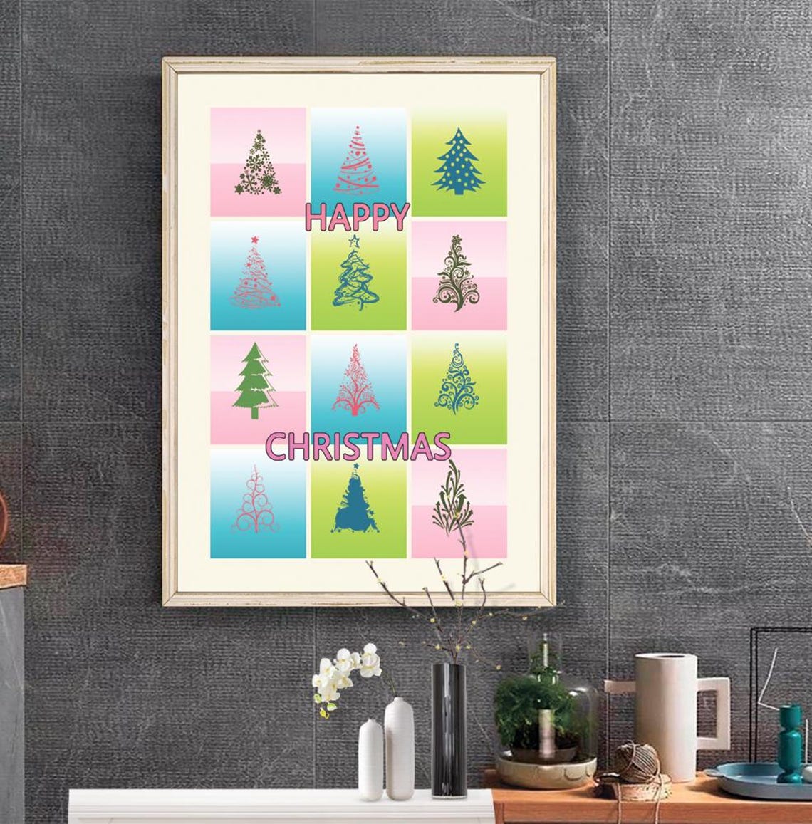 Happy Christmas Twelve Stylized Trees Holiday Festive Poster - Image 2