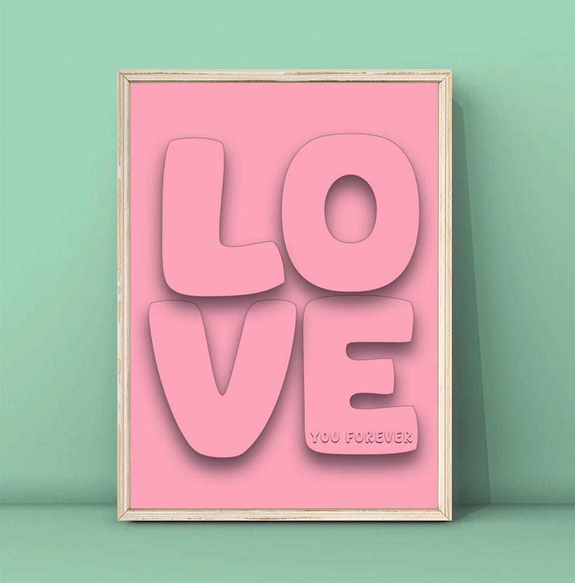 Pink Embossed Love You Forever 3D Typography Romantic Art Poster