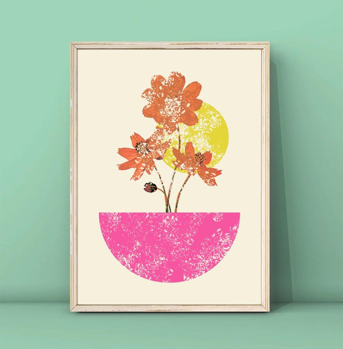 Boho Orange Cosmos Flowers Pink Half Moon Vase Modern Art Poster