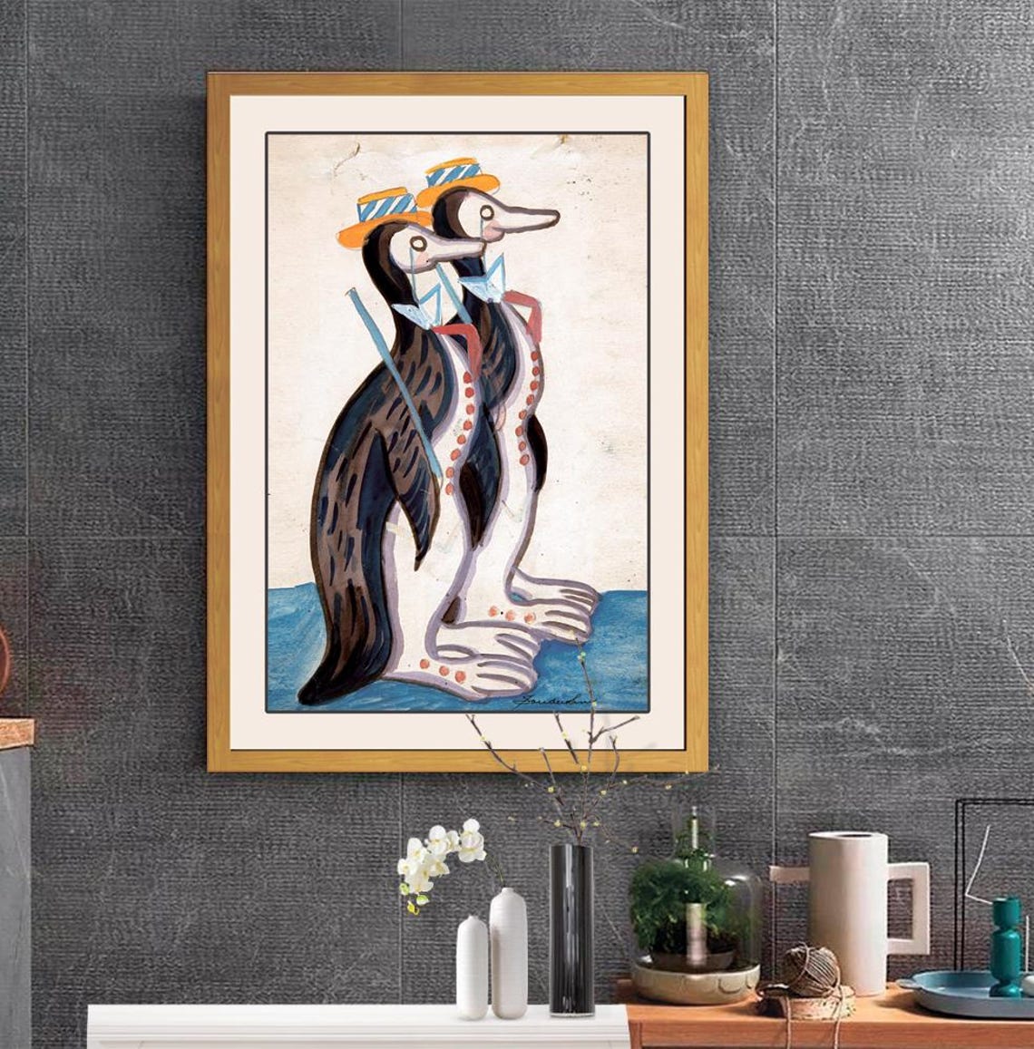 Two Dapper Penguins In Straw Hats Folk Art Animal Illustration Poster - Image 2