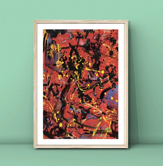 Jackson Pollock Black Yellow Red Drip Abstract Poster Vintage Wall Decor