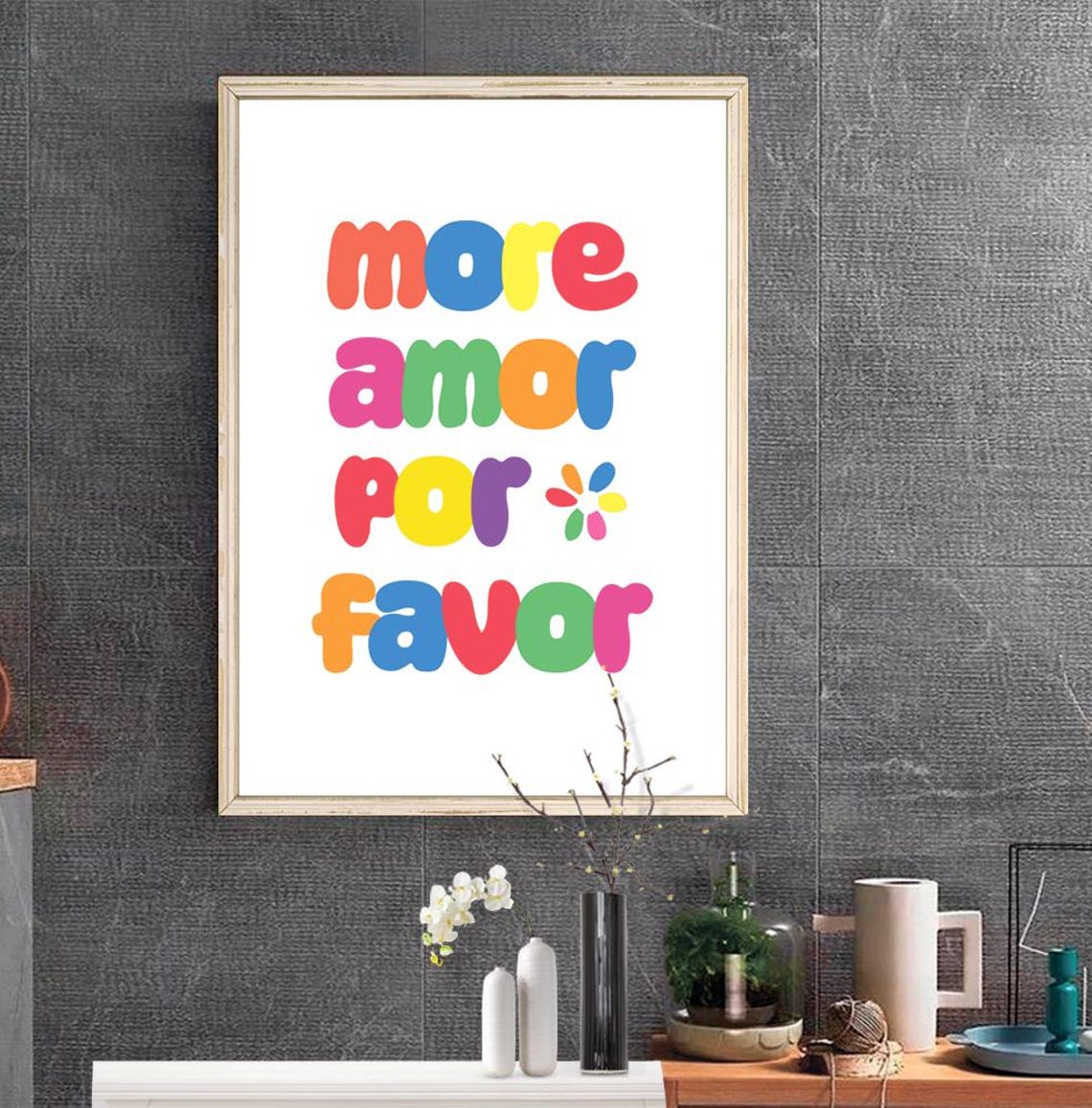 More Amor Por Favor Multicolor Bubble Letters Quote Flower Poster - Image 2