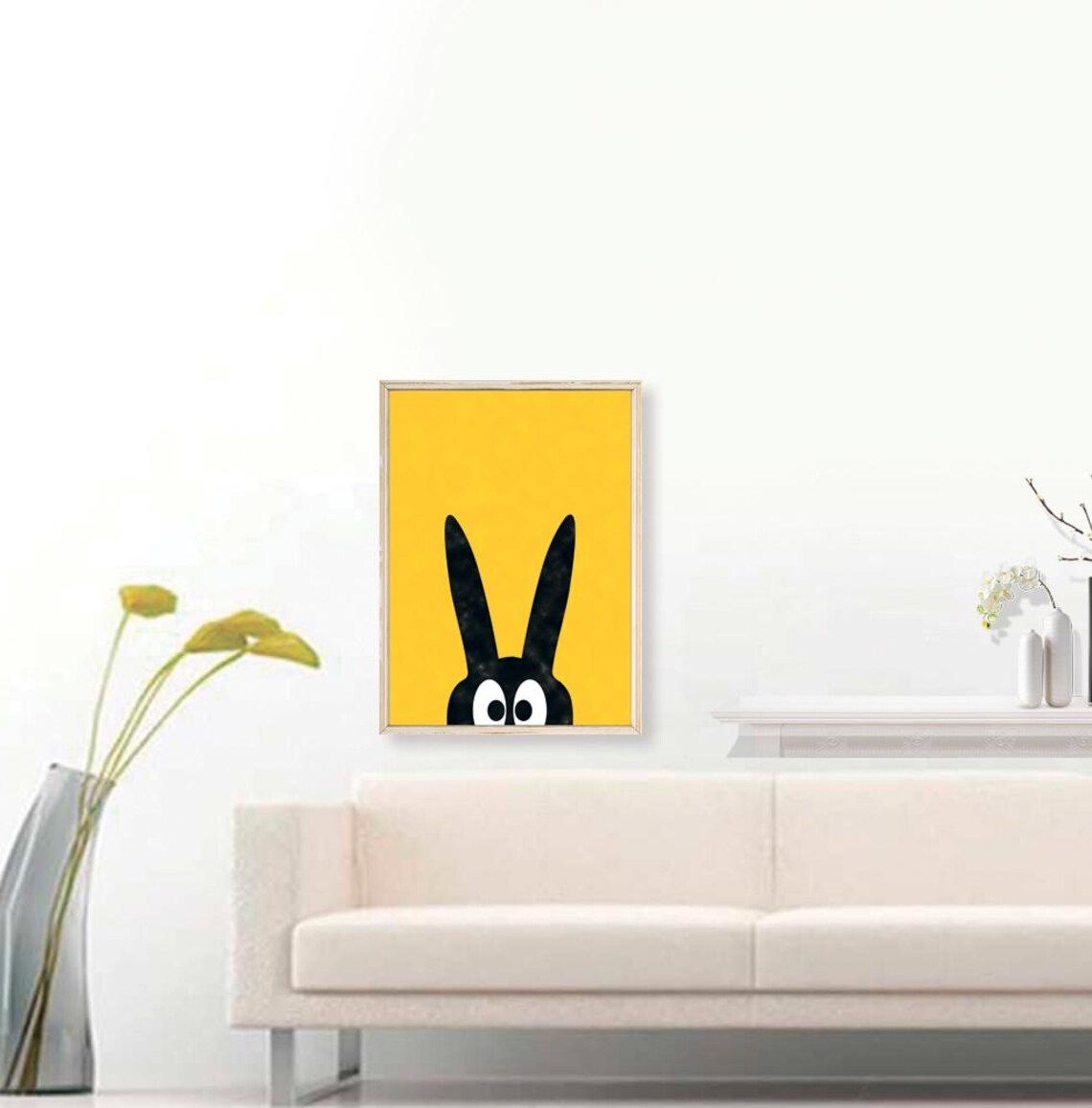 Funny Black Bunny Peeking Yellow Background Cute Kids Room Art Poster - Image 3