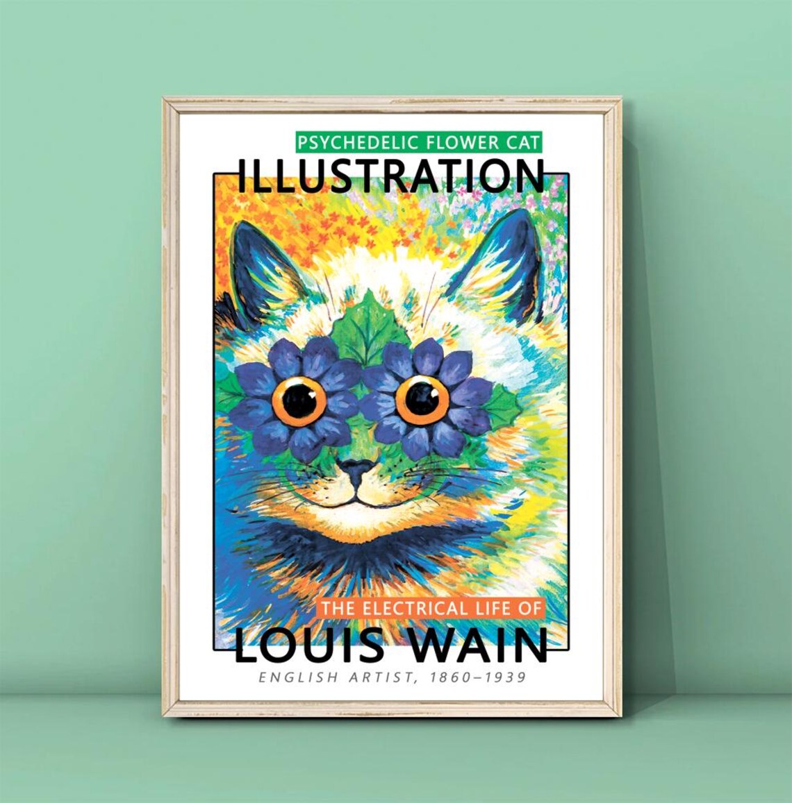 Louis Wain Psychedelic Flower Cat Illustration Vintage Art Poster