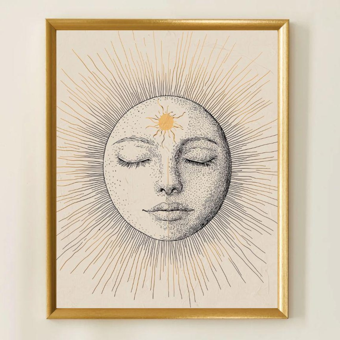 Golden Sun Face Celestial Engraving Spiritual Boho Art Print