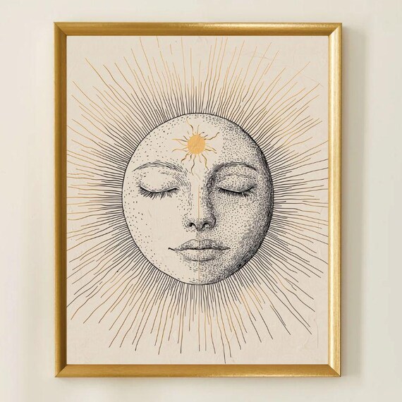 Minimalist Sun Face Line Art Print Boho Celestial Wall Decor