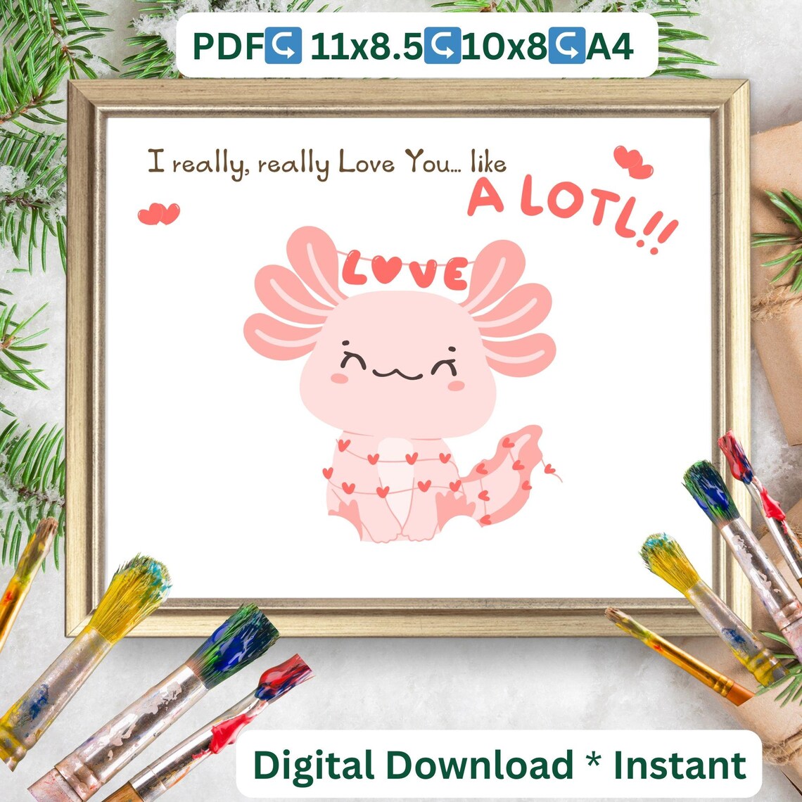 Axolotl Valentines Footprint Art, Love You Print - Image 2