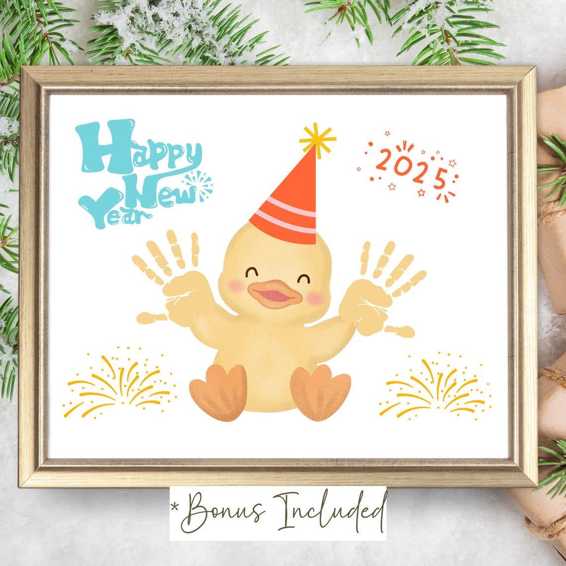 Happy New Year 2025 Cute Duckling Handprint Art Craft Keepsake Poster