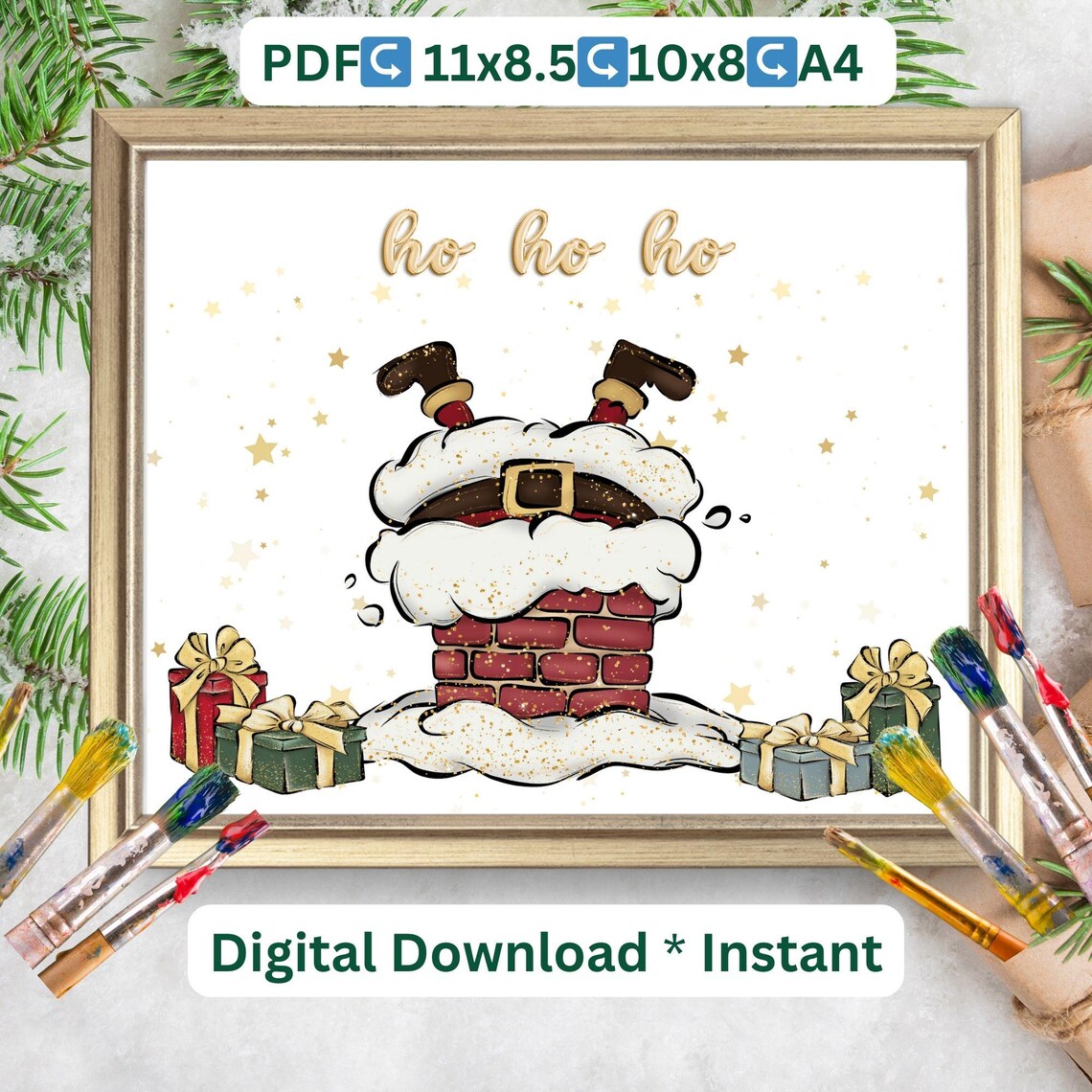 Ho Ho Ho Santa Stuck In Chimney Footprint Art Christmas Craft Poster - Image 2