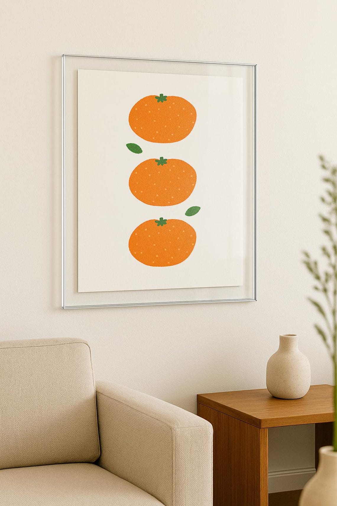 Three Mandarins Vertical Minimalist Orange Fruit Illustration Poster