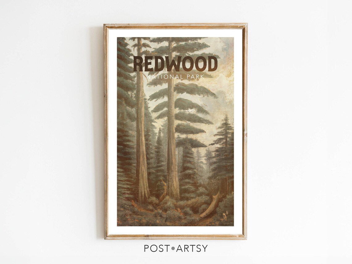 Redwood National Park Travel Poster Vintage Forest Painting Scene