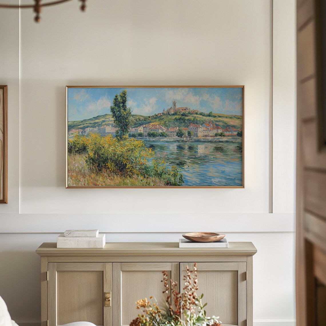 European Riverside Village Hill Church Impressionist Landscape Poster - Image 3