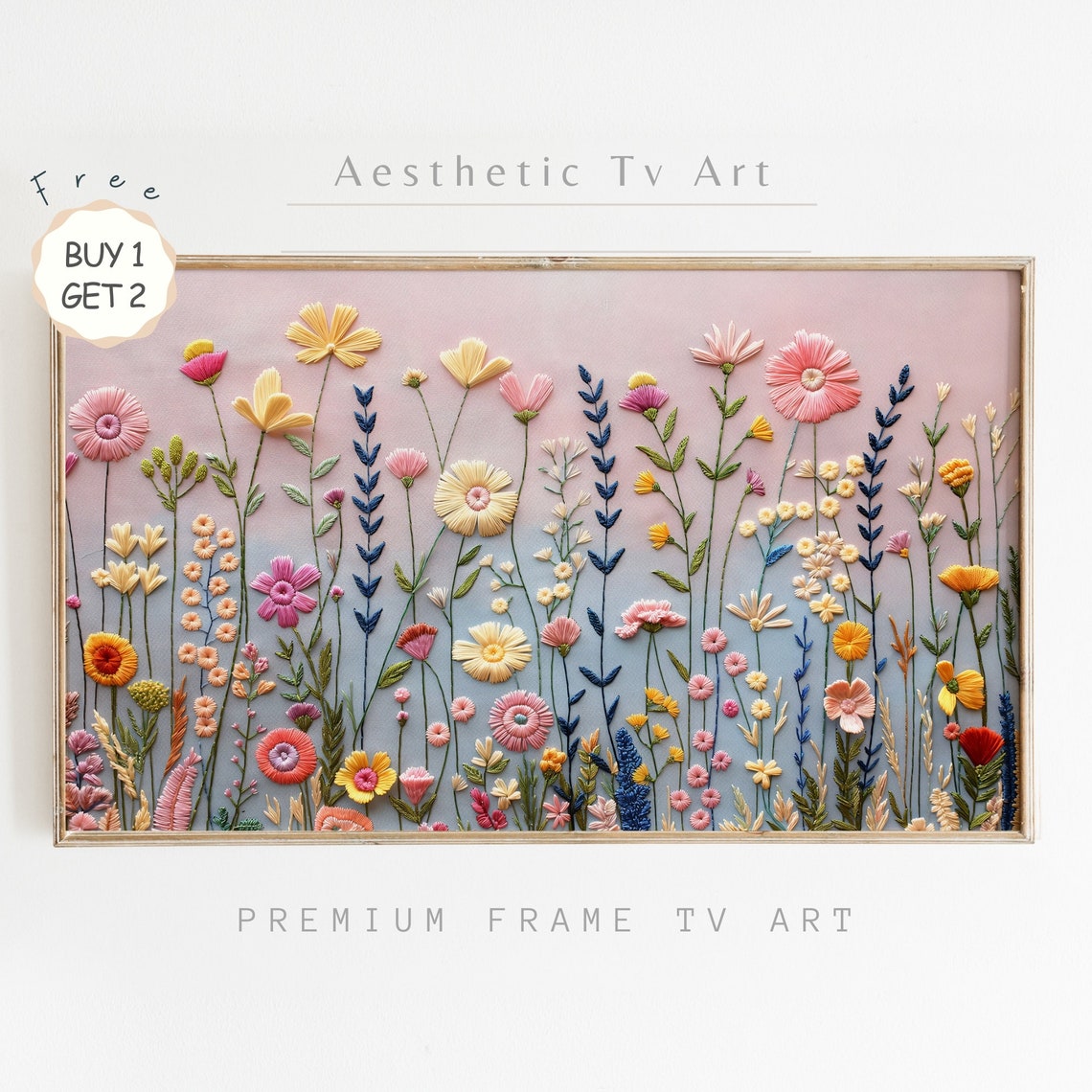 Embroidered Pastel Wildflowers Textured Spring Flower Art Poster