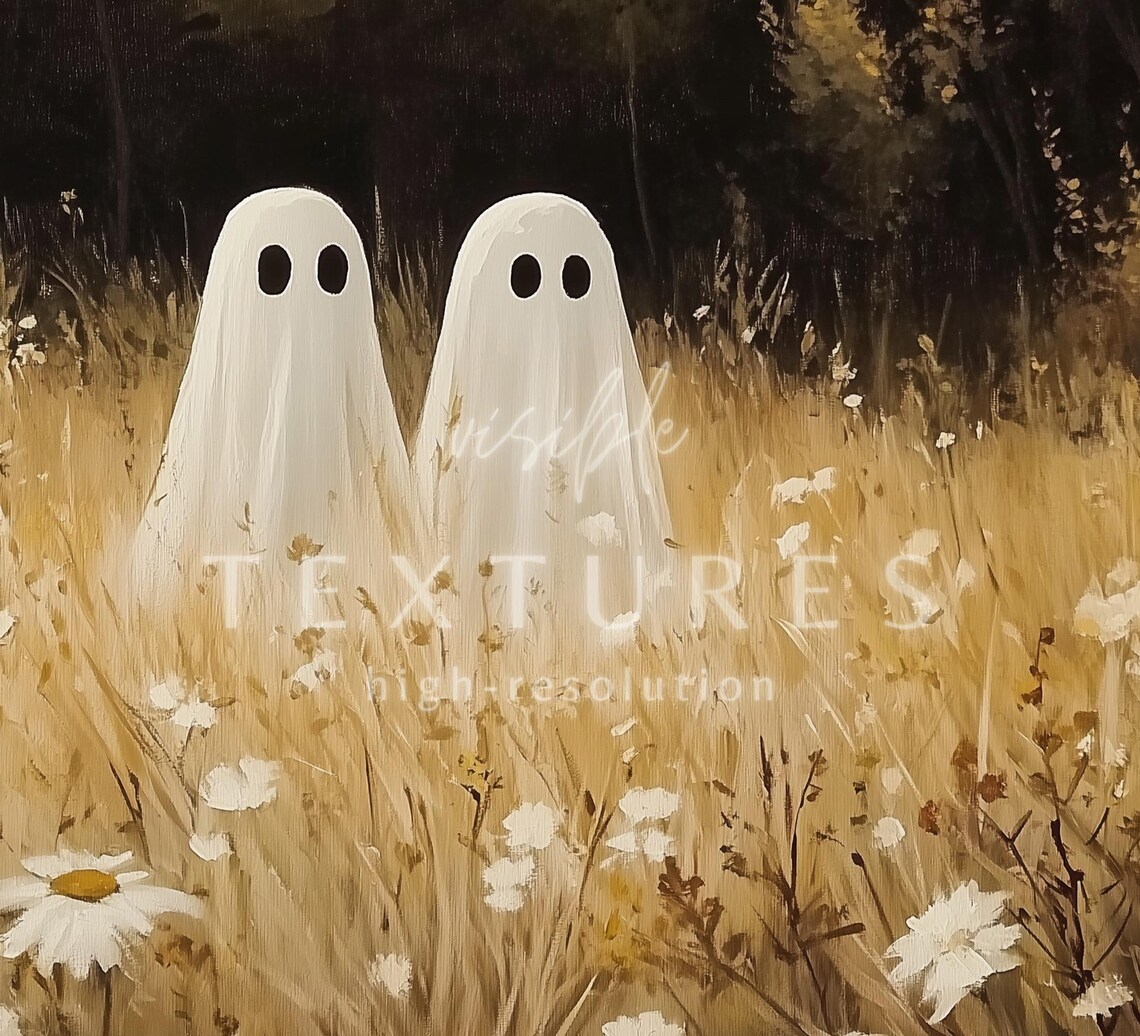 Two Cute Ghosts in Wildflower Meadow Vintage Halloween TV Art Poster - Image 2