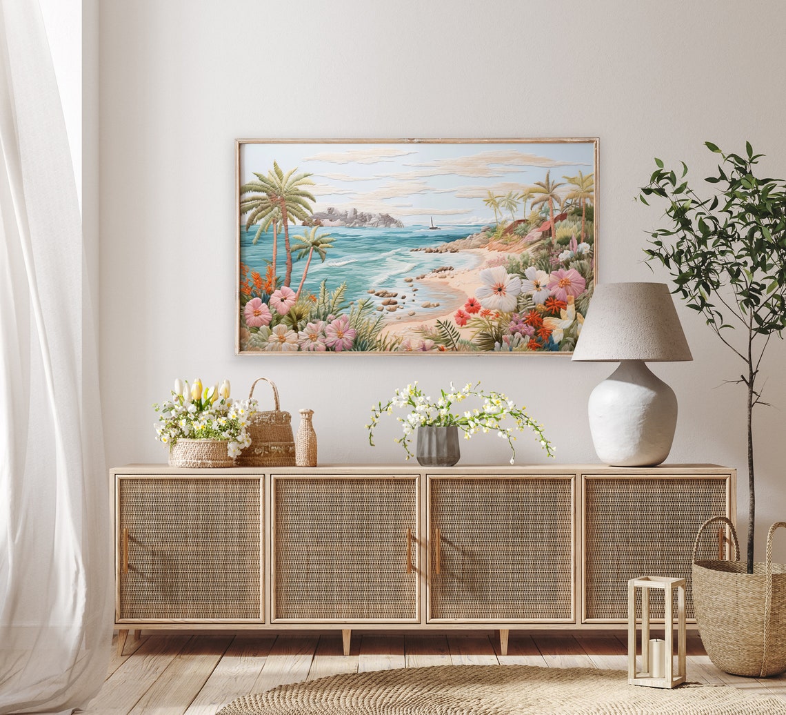 Tropical Beach Embroidery Palms Flowers Stitched Coastal Art Poster - Image 2