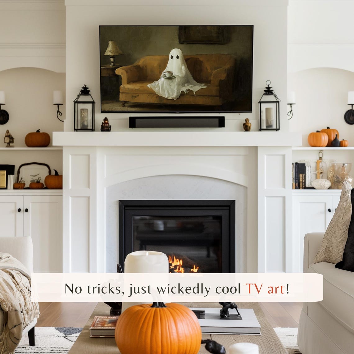 Cute Ghost Drinking Coffee Halloween Frame Tv Art Vintage Ghost Tv Art Spooky Decor For Frame Tv - Image 3